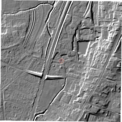 Shaded relief map of the ground around YO241HL, computed from Environment Agency LiDAR. The ground here sits at about 13 m above sea level and falls 10 m across the surrounding 800 m. Surface water reaching this point runs off ground lying to the south-west, 7.9 m higher.