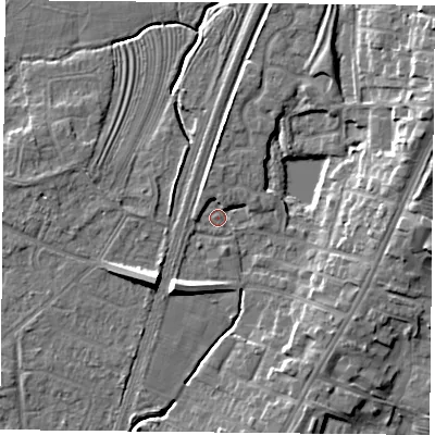 Shaded relief map of the ground around YO241HN, computed from Environment Agency LiDAR. The ground here sits at about 13 m above sea level and falls 10 m across the surrounding 800 m. Surface water reaching this point runs off ground lying to the south-west, 7.9 m higher.