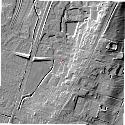 Shaded relief map of the ground around YO241HR, computed from Environment Agency LiDAR. The ground here sits at about 14 m above sea level and falls 12 m across the surrounding 800 m. Surface water reaching this point runs off ground lying to the north-east, 9.5 m higher.