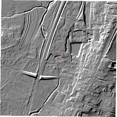 Shaded relief map of the ground around YO241HS, computed from Environment Agency LiDAR. The ground here sits at about 13 m above sea level and falls 10 m across the surrounding 800 m. Surface water reaching this point runs off ground lying to the south-west, 7.9 m higher.