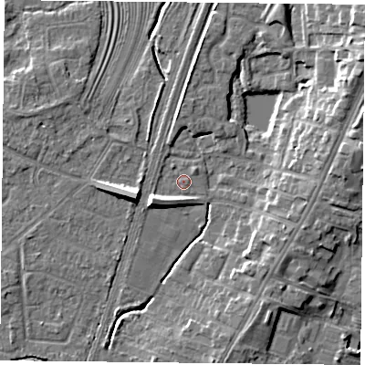 Shaded relief map of the ground around YO241HW, computed from Environment Agency LiDAR. The ground here sits at about 14 m above sea level and falls 11 m across the surrounding 800 m. Surface water reaching this point runs off ground lying to the west-south-west, 6.3 m higher.