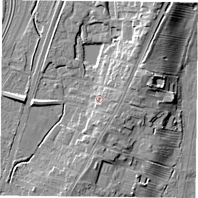 Shaded relief map of the ground around YO241HX, computed from Environment Agency LiDAR. The ground here sits at about 16 m above sea level and falls 12 m across the surrounding 800 m. Surface water reaching this point runs off ground lying to the east, 3.8 m higher.