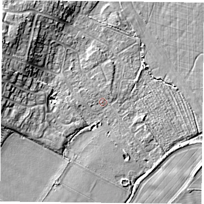 Shaded relief map of the ground around YO241LG, computed from Environment Agency LiDAR. The ground here sits at about 10 m above sea level and falls 10 m across the surrounding 800 m. Surface water reaching this point runs off ground lying to the north-east, 1.1 m higher.