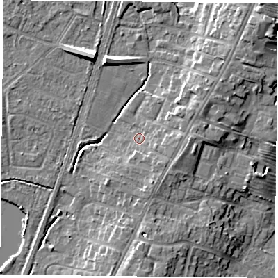 Shaded relief map of the ground around YO241LS, computed from Environment Agency LiDAR. The ground here sits at about 14 m above sea level and falls 11 m across the surrounding 800 m. Surface water reaching this point runs off ground lying to the east-south-east, 3.0 m higher.