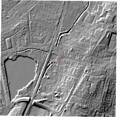Shaded relief map of the ground around YO241LX, computed from Environment Agency LiDAR. The ground here sits at about 13 m above sea level and falls 10 m across the surrounding 800 m. Surface water reaching this point runs off ground lying to the south-south-west, 7.6 m higher.