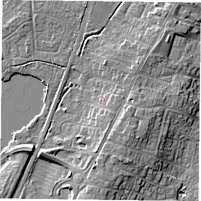 Shaded relief map of the ground around YO241LY, computed from Environment Agency LiDAR. The ground here sits at about 15 m above sea level and falls 11 m across the surrounding 800 m. Surface water reaching this point runs off ground lying to the east-south-east, 2.5 m higher.