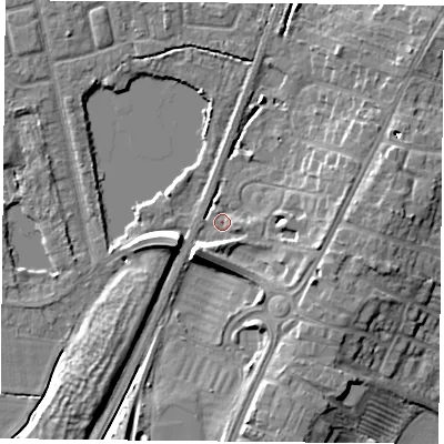 Shaded relief map of the ground around YO241QE, computed from Environment Agency LiDAR. The ground here sits at about 13 m above sea level and falls 10 m across the surrounding 800 m. Surface water reaching this point runs off ground lying to the south-west, 7.4 m higher.