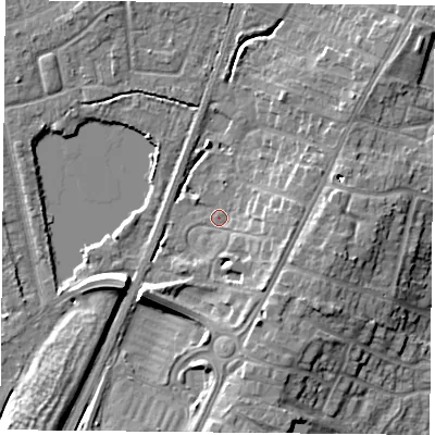 Shaded relief map of the ground around YO241QP, computed from Environment Agency LiDAR. The ground here sits at about 14 m above sea level and falls 9 m across the surrounding 800 m. Surface water reaching this point runs off ground lying to the east, 3.9 m higher.