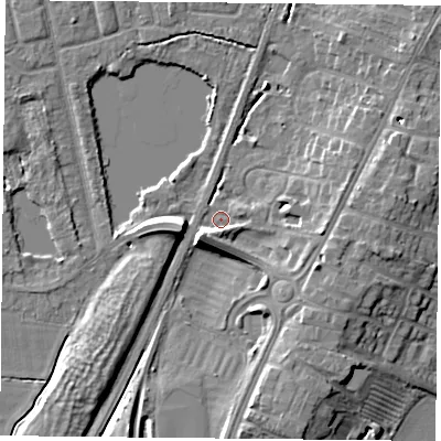 Shaded relief map of the ground around YO241QT, computed from Environment Agency LiDAR. The ground here sits at about 14 m above sea level and falls 10 m across the surrounding 800 m. Surface water reaching this point runs off ground lying to the south-west, 6.5 m higher.
