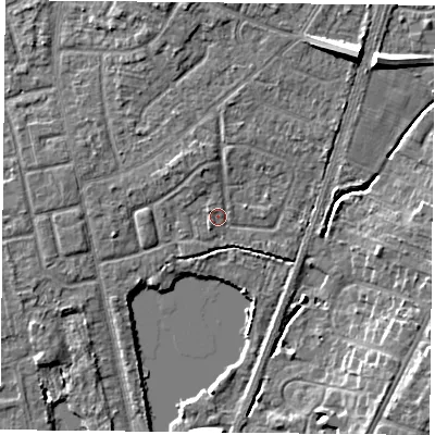 Shaded relief map of the ground around YO242PX, computed from Environment Agency LiDAR. The ground here sits at about 14 m above sea level and falls 8 m across the surrounding 800 m. Surface water reaching this point runs off ground lying to the north-west, 1.0 m higher.