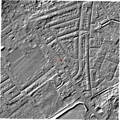 Shaded relief map of the ground around YO243AG, computed from Environment Agency LiDAR. The ground here sits at about 14 m above sea level and falls 5 m across the surrounding 800 m. Surface water reaching this point runs off ground lying to the south-east, 0.7 m higher.