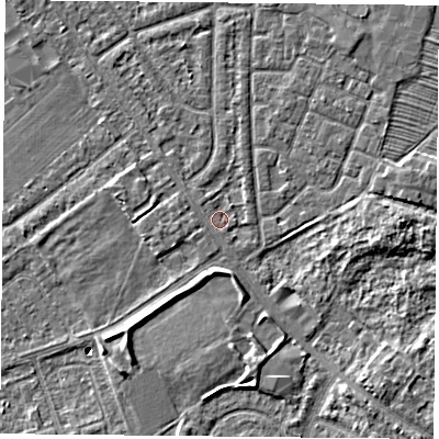 Shaded relief map of the ground around YO243AH, computed from Environment Agency LiDAR. The ground here sits at about 14 m above sea level and falls 6 m across the surrounding 800 m. Surface water reaching this point runs off ground lying to the west, 0.8 m higher.