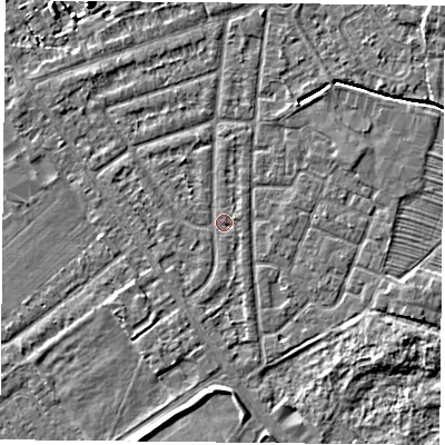 Shaded relief map of the ground around YO243AJ, computed from Environment Agency LiDAR. The ground here sits at about 14 m above sea level and falls 6 m across the surrounding 800 m. Surface water reaching this point runs off ground lying to the south-west, 1.5 m higher.