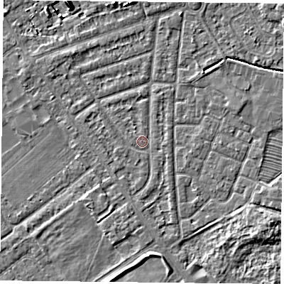 Shaded relief map of the ground around YO243AL, computed from Environment Agency LiDAR. The ground here sits at about 14 m above sea level and falls 7 m across the surrounding 800 m. Surface water reaching this point runs off ground lying to the west-south-west, 0.9 m higher.