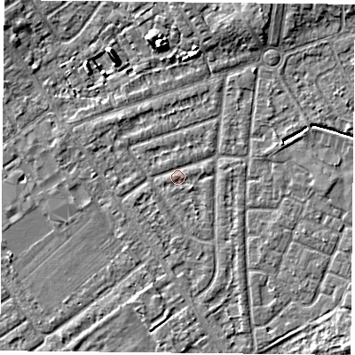 Shaded relief map of the ground around YO243AN, computed from Environment Agency LiDAR. The ground here sits at about 14 m above sea level and falls 8 m across the surrounding 800 m. Surface water reaching this point runs off ground lying to the north-west, 1.5 m higher.