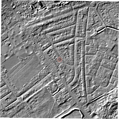 Shaded relief map of the ground around YO243AP, computed from Environment Agency LiDAR. The ground here sits at about 14 m above sea level and falls 8 m across the surrounding 800 m. Surface water reaching this point runs off ground lying to the south-south-west, 0.7 m higher.