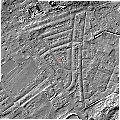 Shaded relief map of the ground around YO243AR, computed from Environment Agency LiDAR. The ground here sits at about 14 m above sea level and falls 8 m across the surrounding 800 m. Surface water reaching this point runs off ground lying to the south-south-west, 1.0 m higher.