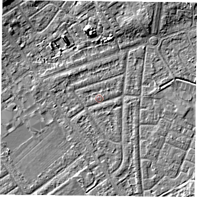 Shaded relief map of the ground around YO243AW, computed from Environment Agency LiDAR. The ground here sits at about 14 m above sea level and falls 8 m across the surrounding 800 m. Surface water reaching this point runs off ground lying to the north-west, 1.5 m higher.