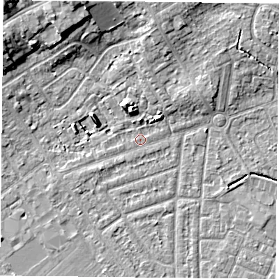 Shaded relief map of the ground around YO243AZ, computed from Environment Agency LiDAR. The ground here sits at about 14 m above sea level and falls 13 m across the surrounding 800 m. Surface water reaching this point runs off ground lying to the north-west, 12.8 m higher.
