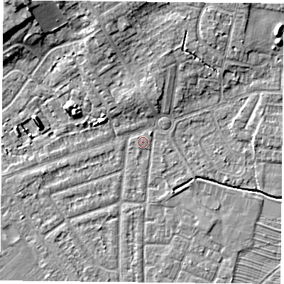 Shaded relief map of the ground around YO243BA, computed from Environment Agency LiDAR. The ground here sits at about 14 m above sea level and falls 11 m across the surrounding 800 m. Surface water reaching this point runs off ground lying to the south-west, 0.6 m higher.