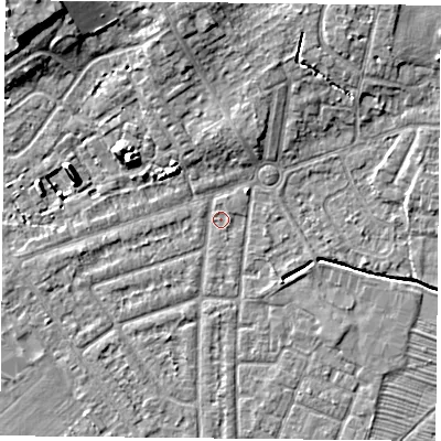 Shaded relief map of the ground around YO243BE, computed from Environment Agency LiDAR. The ground here sits at about 14 m above sea level and falls 10 m across the surrounding 800 m. Surface water reaching this point runs off ground lying to the north, 5.3 m higher.