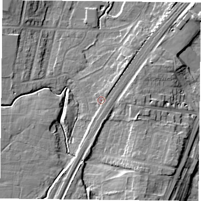Shaded relief map of the ground around YO244AD, computed from Environment Agency LiDAR. The ground here sits at about 13 m above sea level and falls 11 m across the surrounding 800 m. Surface water reaching this point runs off ground lying to the north-east, 2.5 m higher.