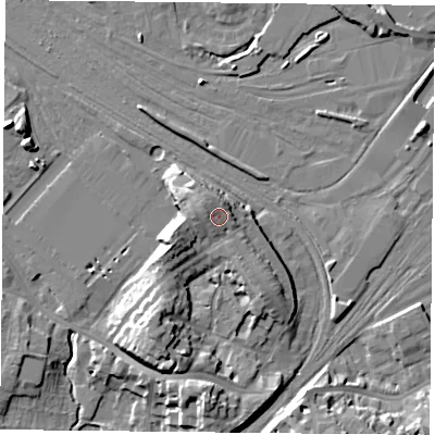 Shaded relief map of the ground around YO244BP, computed from Environment Agency LiDAR. The ground here sits at about 20 m above sea level and falls 16 m across the surrounding 800 m. Surface water reaching this point runs off ground lying to the north-west, 2.1 m higher.