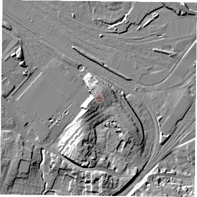 Shaded relief map of the ground around YO244BS, computed from Environment Agency LiDAR. The ground here sits at about 20 m above sea level and falls 16 m across the surrounding 800 m. Surface water reaching this point runs off ground lying to the west-south-west, 3.2 m higher.