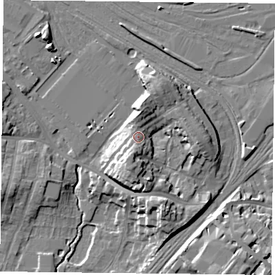 Shaded relief map of the ground around YO244BT, computed from Environment Agency LiDAR. The ground here sits at about 19 m above sea level and falls 16 m across the surrounding 800 m. Surface water reaching this point runs off ground lying to the south-south-west, 2.7 m higher.