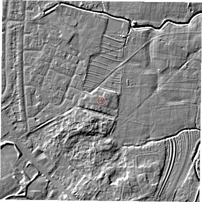 Shaded relief map of the ground around YO244BZ, computed from Environment Agency LiDAR. The ground here sits at about 14 m above sea level and falls 6 m across the surrounding 800 m. Surface water reaching this point runs off ground lying to the west-south-west, 0.6 m higher.