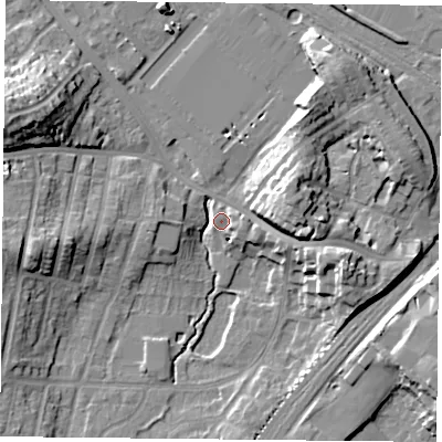 Shaded relief map of the ground around YO244DG, computed from Environment Agency LiDAR. The ground here sits at about 11 m above sea level and falls 18 m across the surrounding 800 m. Surface water reaching this point runs off ground lying to the west-north-west, 17.6 m higher.