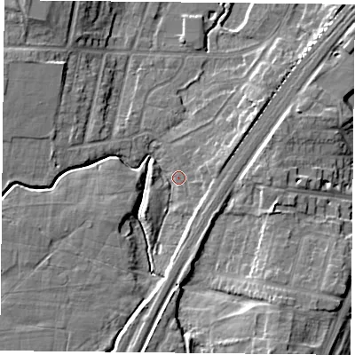 Shaded relief map of the ground around YO244EA, computed from Environment Agency LiDAR. The ground here sits at about 12 m above sea level and falls 11 m across the surrounding 800 m. Surface water reaching this point runs off ground lying to the south, 3.6 m higher.