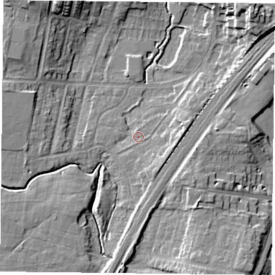 Shaded relief map of the ground around YO244EB, computed from Environment Agency LiDAR. The ground here sits at about 11 m above sea level and falls 14 m across the surrounding 800 m. Surface water reaching this point runs off ground lying to the south-east, 2.9 m higher.
