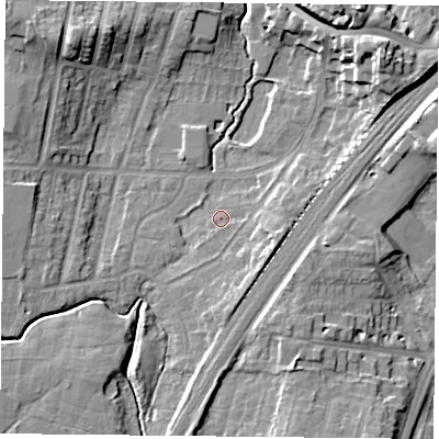 Shaded relief map of the ground around YO244ED, computed from Environment Agency LiDAR. The ground here sits at about 11 m above sea level and falls 15 m across the surrounding 800 m. Surface water reaching this point runs off ground lying to the east-south-east, 5.1 m higher.