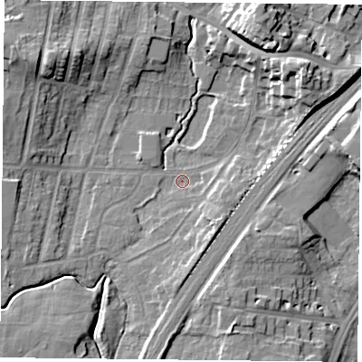 Shaded relief map of the ground around YO244EE, computed from Environment Agency LiDAR. The ground here sits at about 10 m above sea level and falls 16 m across the surrounding 800 m. Surface water reaching this point runs off ground lying to the north-east, 12.6 m higher.