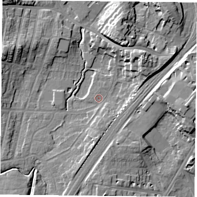 Shaded relief map of the ground around YO244EF, computed from Environment Agency LiDAR. The ground here sits at about 10 m above sea level and falls 16 m across the surrounding 800 m. Surface water reaching this point runs off ground lying to the north-east, 12.3 m higher.