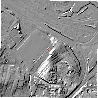 Shaded relief map of the ground around YO244EH, computed from Environment Agency LiDAR. The ground here sits at about 12 m above sea level and falls 16 m across the surrounding 800 m. Surface water reaching this point runs off ground lying to the south-east, 10.4 m higher.