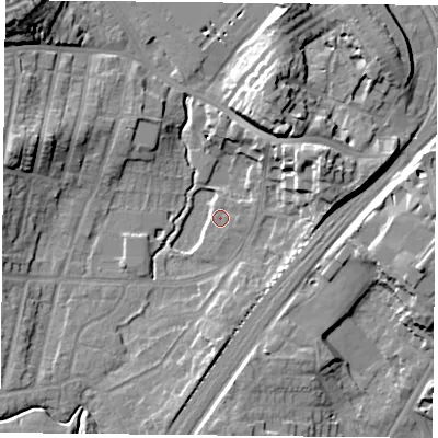 Shaded relief map of the ground around YO244EQ, computed from Environment Agency LiDAR. The ground here sits at about 10 m above sea level and falls 18 m across the surrounding 800 m. Surface water reaching this point runs off ground lying to the east-north-east, 13.9 m higher.