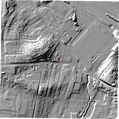 Shaded relief map of the ground around YO244EW, computed from Environment Agency LiDAR. The ground here sits at about 13 m above sea level and falls 18 m across the surrounding 800 m. Surface water reaching this point runs off ground lying to the west-north-west, 13.5 m higher.