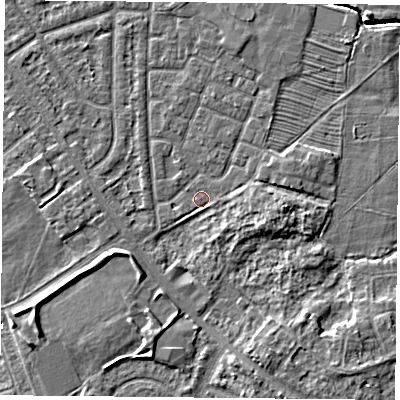 Shaded relief map of the ground around YO244FA, computed from Environment Agency LiDAR. The ground here sits at about 13 m above sea level and falls 5 m across the surrounding 800 m. Surface water reaching this point runs off ground lying to the south-south-east, 3.0 m higher.
