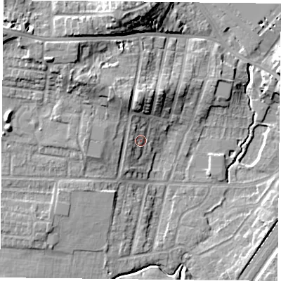 Shaded relief map of the ground around YO244JD, computed from Environment Agency LiDAR. The ground here sits at about 13 m above sea level and falls 18 m across the surrounding 800 m. Surface water reaching this point runs off ground lying to the north-north-west, 8.1 m higher.