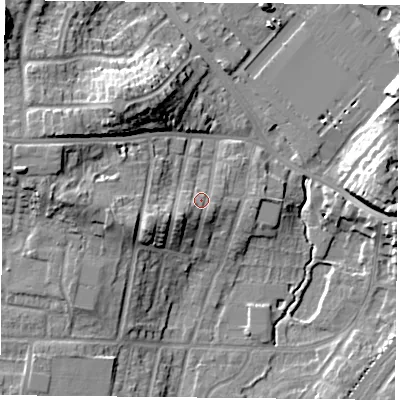 Shaded relief map of the ground around YO244JF, computed from Environment Agency LiDAR. The ground here sits at about 15 m above sea level and falls 18 m across the surrounding 800 m. Surface water reaching this point runs off ground lying to the south-west, 3.0 m higher.