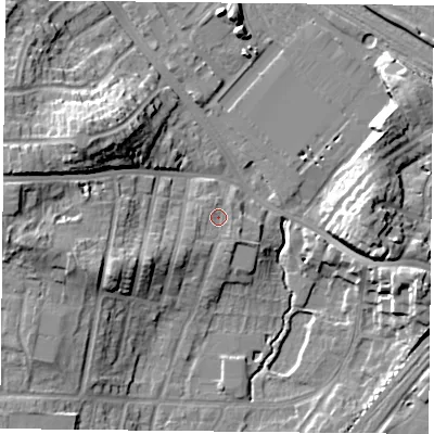 Shaded relief map of the ground around YO244JH, computed from Environment Agency LiDAR. The ground here sits at about 13 m above sea level and falls 18 m across the surrounding 800 m. Surface water reaching this point runs off ground lying to the south-west, 2.6 m higher.