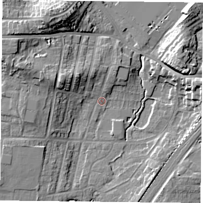 Shaded relief map of the ground around YO244JJ, computed from Environment Agency LiDAR. The ground here sits at about 11 m above sea level and falls 18 m across the surrounding 800 m. Surface water reaching this point runs off ground lying to the west-north-west, 13.0 m higher.
