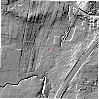 Shaded relief map of the ground around YO244JP, computed from Environment Agency LiDAR. The ground here sits at about 10 m above sea level and falls 16 m across the surrounding 800 m. Surface water reaching this point runs off ground lying to the east-north-east, 13.2 m higher.