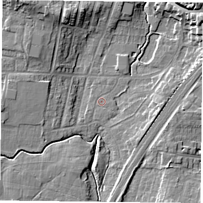 Shaded relief map of the ground around YO244JR, computed from Environment Agency LiDAR. The ground here sits at about 11 m above sea level and falls 14 m across the surrounding 800 m. Surface water reaching this point runs off ground lying to the south-west, 1.6 m higher.