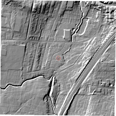 Shaded relief map of the ground around YO244JS, computed from Environment Agency LiDAR. The ground here sits at about 11 m above sea level and falls 14 m across the surrounding 800 m. The ground contributing surface water to this point lies to the south-south-west.