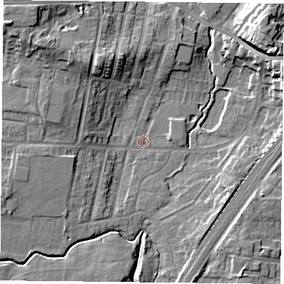 Shaded relief map of the ground around YO244JW, computed from Environment Agency LiDAR. The ground here sits at about 10 m above sea level and falls 16 m across the surrounding 800 m. Surface water reaching this point runs off ground lying to the east-north-east, 12.0 m higher.