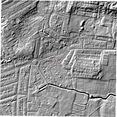 Shaded relief map of the ground around YO244PL, computed from Environment Agency LiDAR. The ground here sits at about 14 m above sea level and falls 11 m across the surrounding 800 m. Surface water reaching this point runs off ground lying to the north-east, 8.2 m higher.
