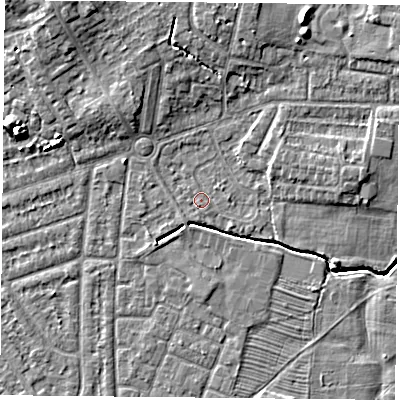 Shaded relief map of the ground around YO244PN, computed from Environment Agency LiDAR. The ground here sits at about 14 m above sea level and falls 9 m across the surrounding 800 m. Surface water reaching this point runs off ground lying to the north-north-east, 5.3 m higher.